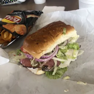 6 inch peppered beef, salami, provolone and veggies.