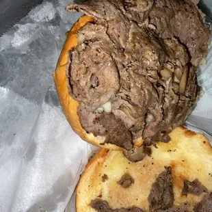 Inside cheesesteak sandwich