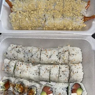 Philadelphia Roll, Eel Roll, Tempura Roll, Spicy Shrimp Roll, California Roll, Pink Dragon Roll