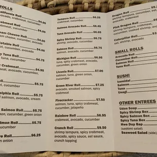 Menu - sheet 2 of 2, as of Sept 2022