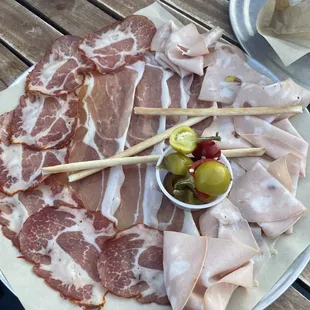 a platter of meat and olives