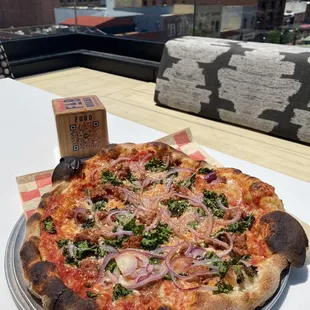 a pizza on a plate on a table