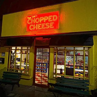 Exterior of Chopped Cheese at night...