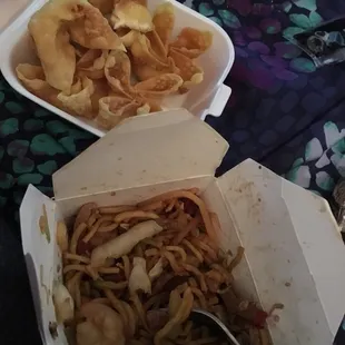 Crab Rangoon and combination Lo Mien. You'll want to use the soy sauce for the lo mien.