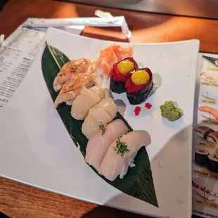 Salmon belly, scallop, yellowtail, tobiko w/ quail egg