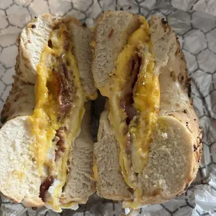 Bacon Egg and Cheese Sandwich on everything bagel