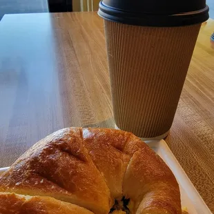 A spicy mocha and a veggie breakfast croissant. A great start to any day.