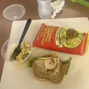 Veggie sandwich on Rye bread and macaroni salad