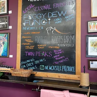 a blackboard with a variety of items on it