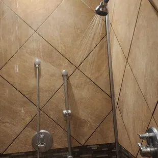 a shower head and hand rail
