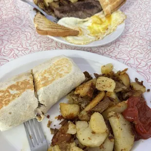 Breakfast wrap and Steak and Eggs