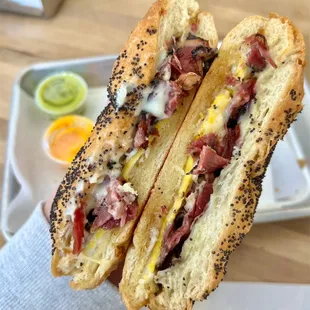 pastrami, egg, and cheese breakfast sammie