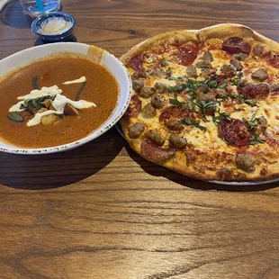 Tomato Basil Soup  Pepperoni &amp; Sausage Pizza