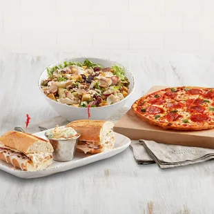 pizza, salad, and salad