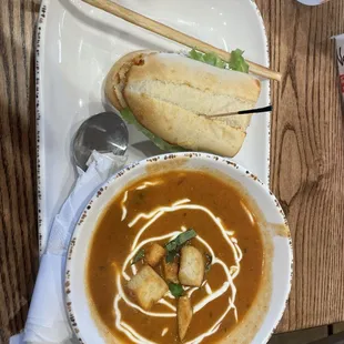 Tomato basil soup and half chicken salad sandwich