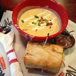Half sandwich and cup of soup combo. Shrimp po-boy (fantastic!) and loaded potato (equally spectacular!)