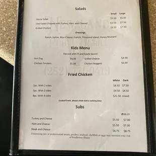Salads, kids, fried chicken, and subs...