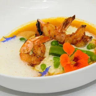 Grilled NC Shrimp, Lemon Risotto, Crustacean Nage, Arrow Peas, Sugar Snap, Nasturtium Foam