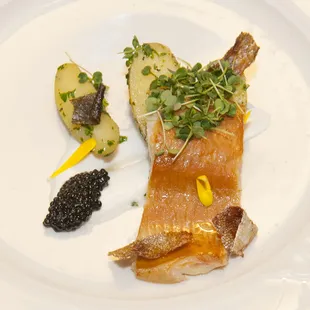Osetra Caviar, Crème Fraiche, Smoked NC Trout, Trout Cracklin, Fingerling Potatoes, Micro-Arugula