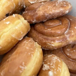 a close up of a box of doughnuts