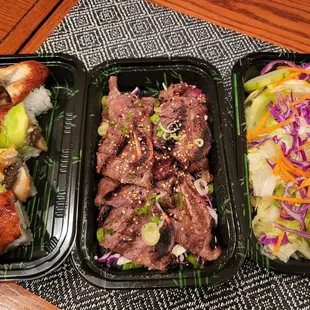 Dragon roll, Korean BBQ and salad. The salad dressing is yummy.