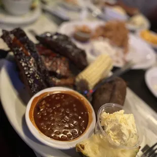 Beef Ribs, brisket, Baby Back Ribs, beans