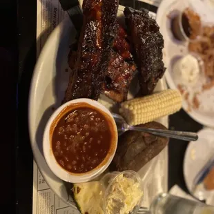 Beef Ribs, Baby Back Ribs, baked potato and beans