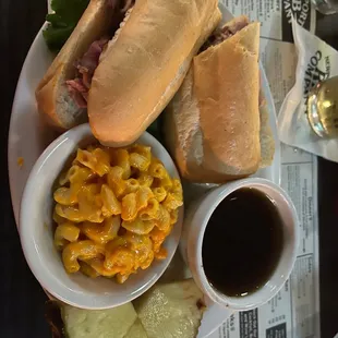 Prime Rib French Dip Sandwich and Mac and cheese.