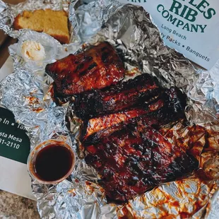 Rib sampler (baby back, beef, St. Louis) / $35.99 (delivery). Included cornbread, but no sides / options