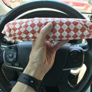 Chicken shawarma.  Huge-almost the diameter of the steering wheel.