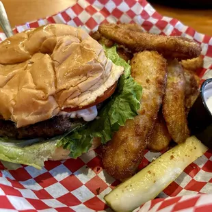 California burger with fried pickles