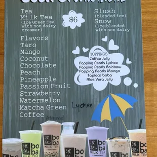 Boba drink menu