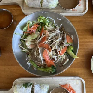 Shrimp and beef vermicelli bowl, tofu fresh rolls and regular fresh rolls