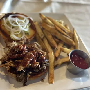 BBQ pork sandwich with steak fries