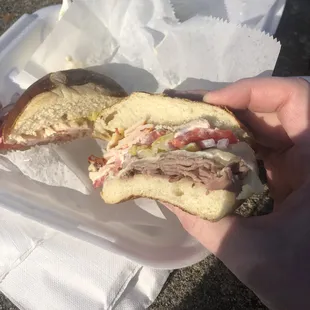 Pretzel bun with roast beef and turkey