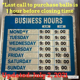 Updated business hours as of July 2, 2021