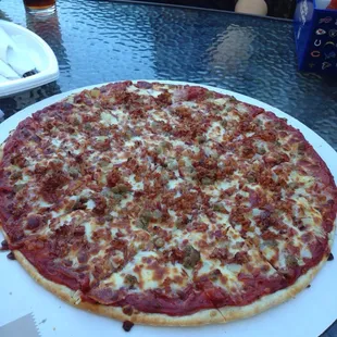 Bacon, pepperoni, sausage and onion.