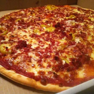 Crust akin to LaRosa&apos;s Thin Crust, and cut the same, with square crust-less middle pieces.