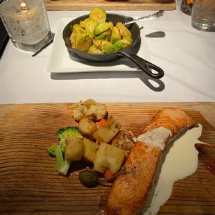 Salmon and the Brussels sprouts.