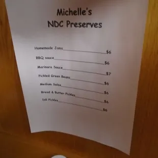 Price list for local preserves.