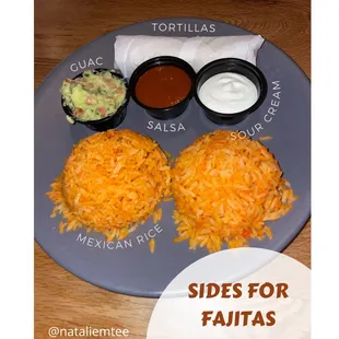 a plate of mexican food with sauces and condiments