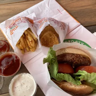 Beyond burger w/special sauce ($10.95), small fries ($3.95, incl. ketchup), and 5 piece chicken nuggets w/blue cheese dressing ($5.95)!