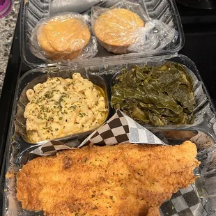 Catfish Platter with Mac &amp; Cheese, Collard Greens and Cornbread