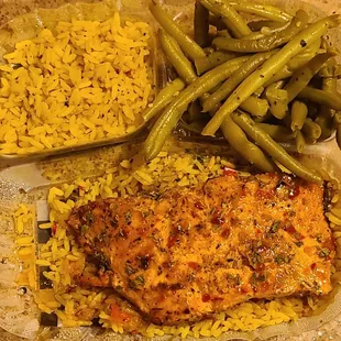 2'6'2023 Cajun Salmon Platter w Rice Pilaf and String Beans