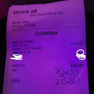 a receipt for a credit card