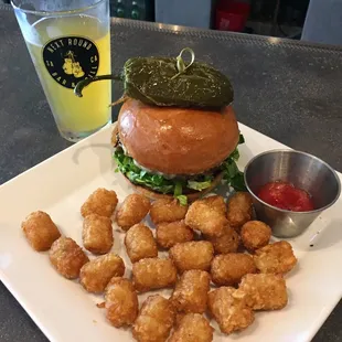 next round burger with tots -$12, great burger!