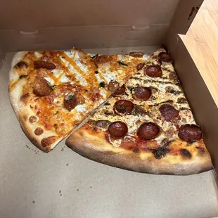 Buffalo chicken slice and pepperoni pesto slice