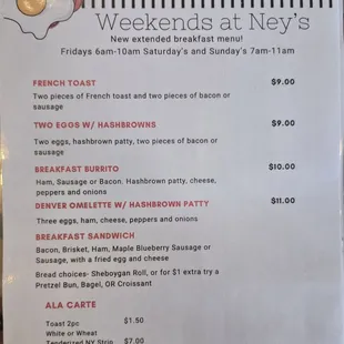Breakfast menu as of 8/9/2024
