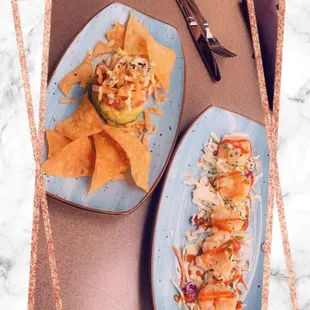 Sriracha Shrimp and Yellowfin Tuna Tartar! Most amazing layer start the tower of avaocado !