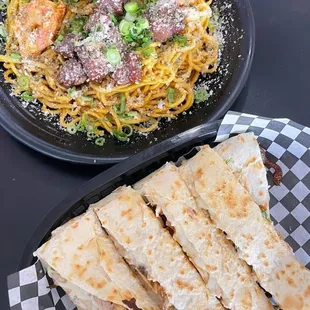 Garlic Noodles with steak and shrimp, Ninja Quesadilla